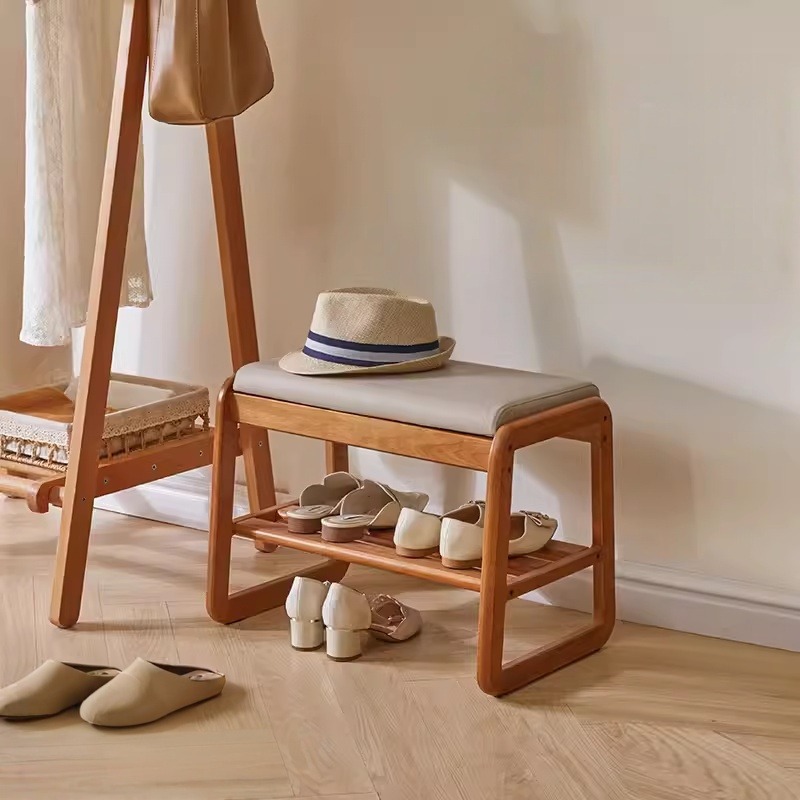 Taburete de cambio de zapatos de madera maciza para uso doméstico, zapatero pequeño y estrecho, taburete de asiento de bolsa blanda integrada, banco de prueba en la puerta, taburete de zapatos