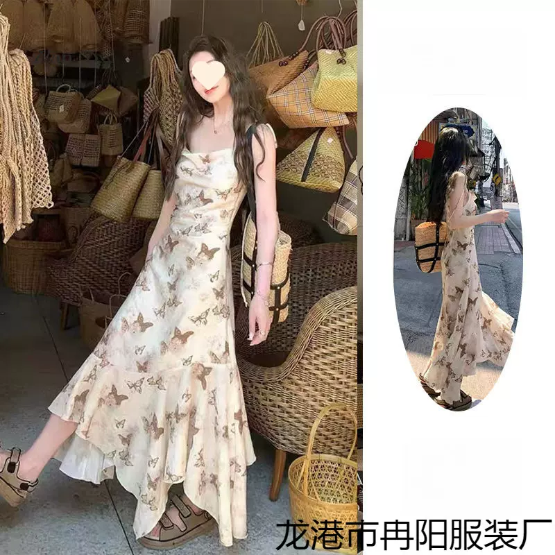 新中式复古蝴蝶印花吊带连衣裙女夏季收腰显瘦不规则度假中长裙