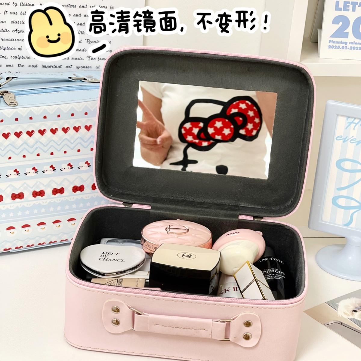 Nueva bolsa de cosméticos portátil con espejo linda caja de almacenamiento de productos para el cuidado de la piel portátil impermeable de gran capacidad y alto valor