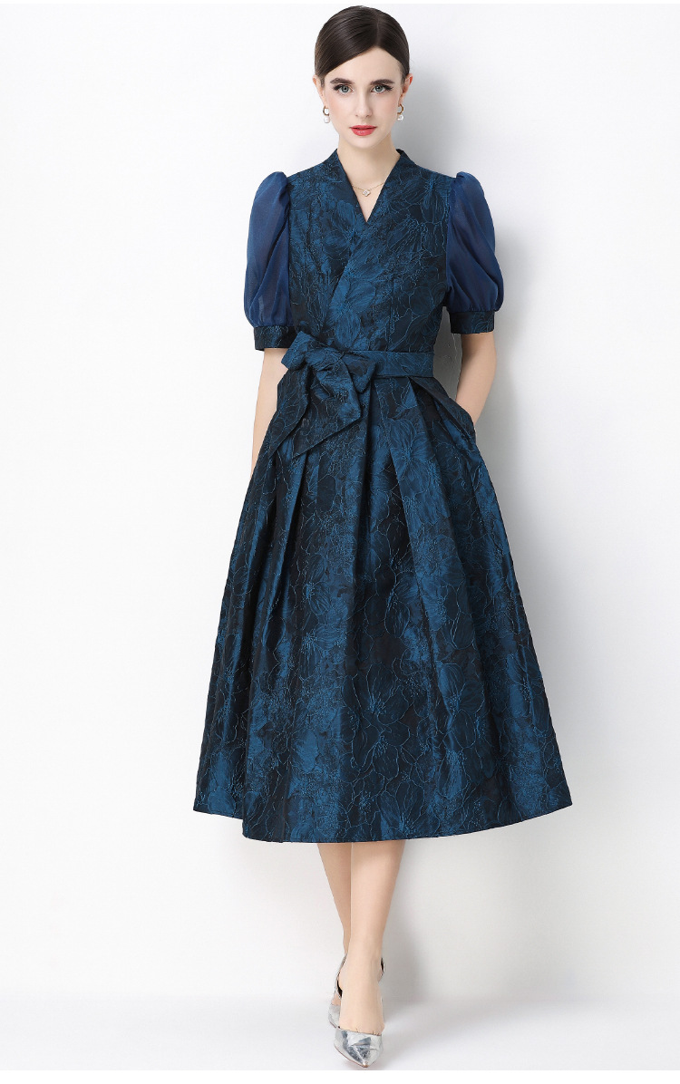Đầm maxi nữ thắt eo V cổ tay ngắn họa tiết jacquard thanh lịch — màu đen, xanh lam, Màu hồng, màu trắng chi tiết 35