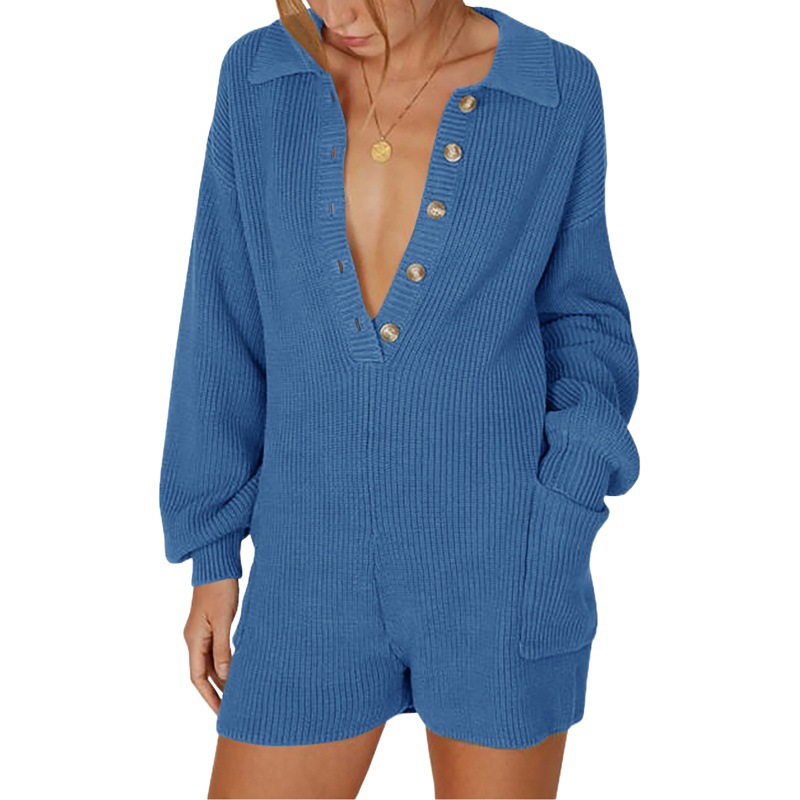 Amazon transfronteriza de las nuevas mujeres de color sólido solapa botón bolsillo mono de manga larga prendas de punto suéter pantalones cortos de las mujeres