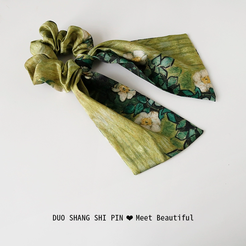 Дикие розы ~ Зеленая масляная живопись повязка для волос женский 2025 новый завязанный конский хвост для волос