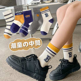 秋冬男童袜子批发篮球运动袜字母棉袜透气春秋男孩子条纹中筒潮袜