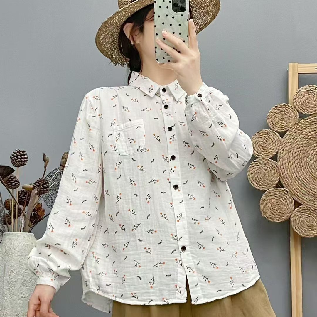 日系森系甜美印花双层棉纱长袖衬衫 秋装新款宽松显瘦上衣