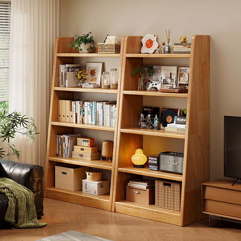 Solid Wood Bookshelf Floor-Standing Storage Rack Ladder-Shaped Storage Rack Integrated Wall-Mounted Home Living Room Display Simple Bookcase
