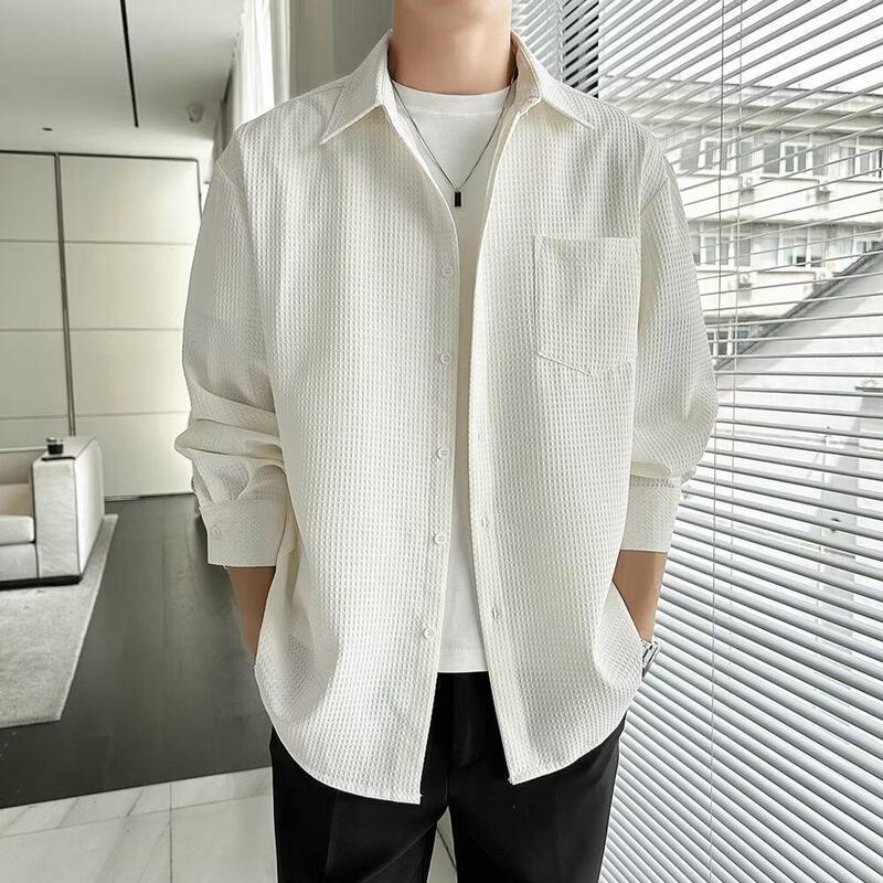 Waffle Long Sleeve Shirt Japanese Style Hong Kong Style Ins Loose Shirt Boys Summer Trendy All-match Casual Coat Trendy
