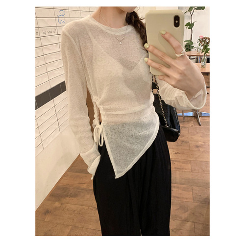 Women's Summer New Design Sensory Pleated Knit Top with Sheer Ice Silk Sun Protection Cover Shirt Thin Sheer Long Sleeve T-Shirt