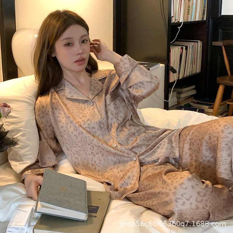 Ice Silk Leopard Print Pajamas for Women, High-End Long-Sleeve and Long-Pants Set, Same Style as on Xiaohongshu, Home Wear, Cross-Border Trade