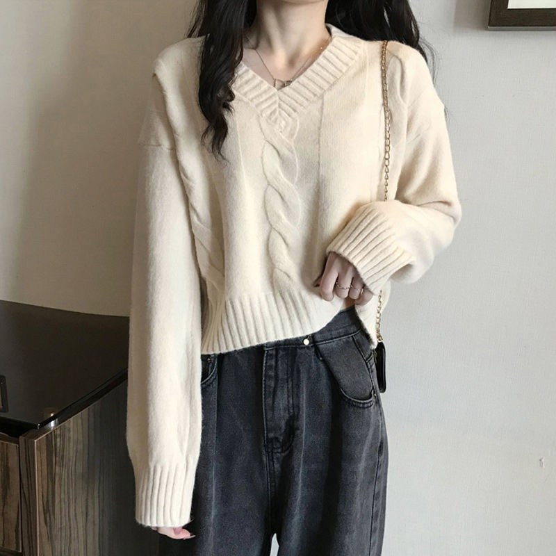 Autumn New Version of Classic Twist Versatile Korean Style Loose Lazy Style Versatile Collar Pullover Knitted Sweater for Women