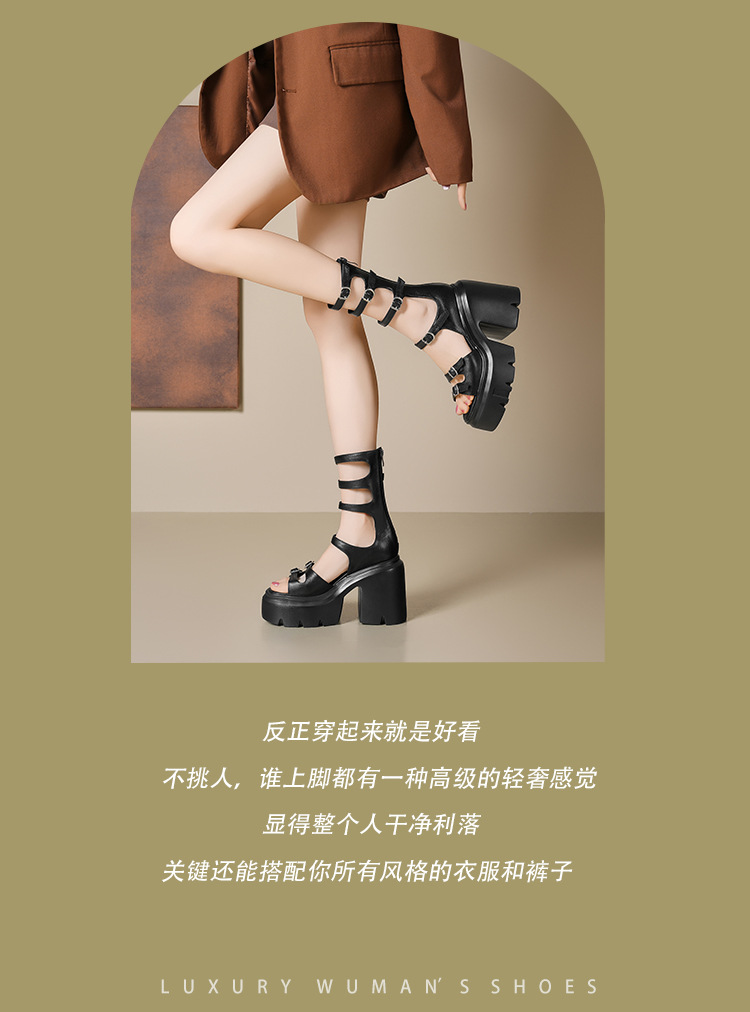 Boot sandal nữ cổ thấp đế dày gót 12 cm khóa thắt lưng — Màu đen chi tiết 2