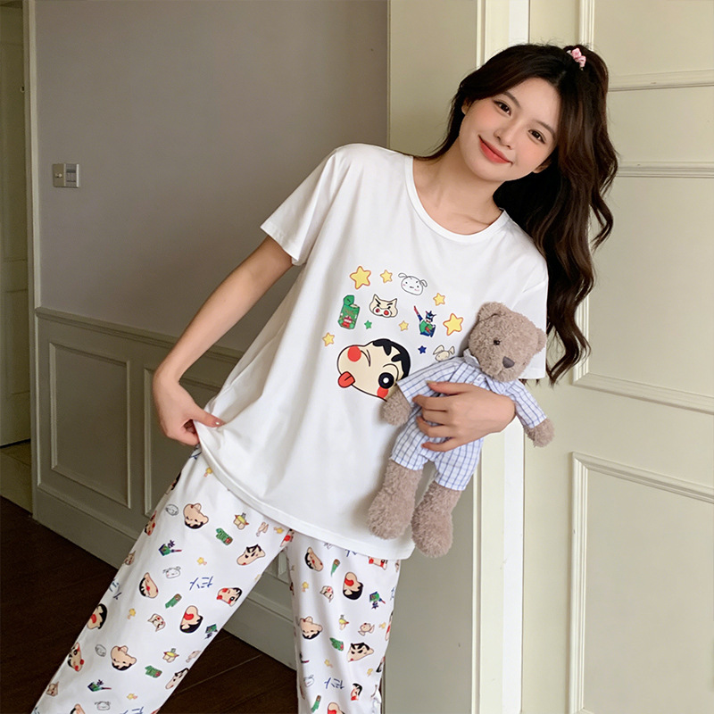 Summer Cool and Cute Cartoon Crayon Shin-Chan Pajamas for Women, Round Neck Short-Sleeved Long Pants Set, Skin-Friendly Outerwear Home Clothes Summer Cool and Cute Cartoon Crayon Shin-Chan Pajamas for Women, Round Neck Short-Sleeved Long Pants Set, Skin-Friendly Outerwear Home Clothes