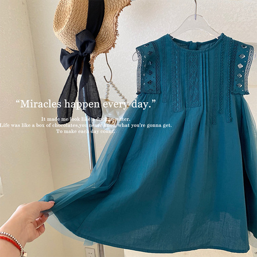  Girls Summer Turquoise Mesh Splicing Large Skirt Sleeveless Lace Vest Dress Princess Dress Trendy