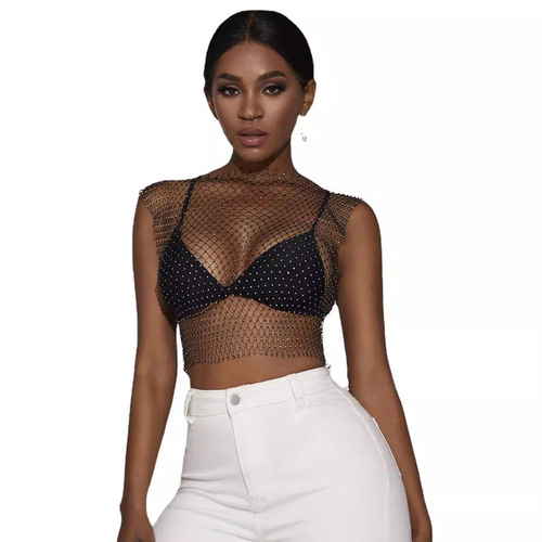 2024 European and American Amazon rhinestone fishnet top summer electronic syllable mesh rhinestone flash diamond women's short-sleeved vest