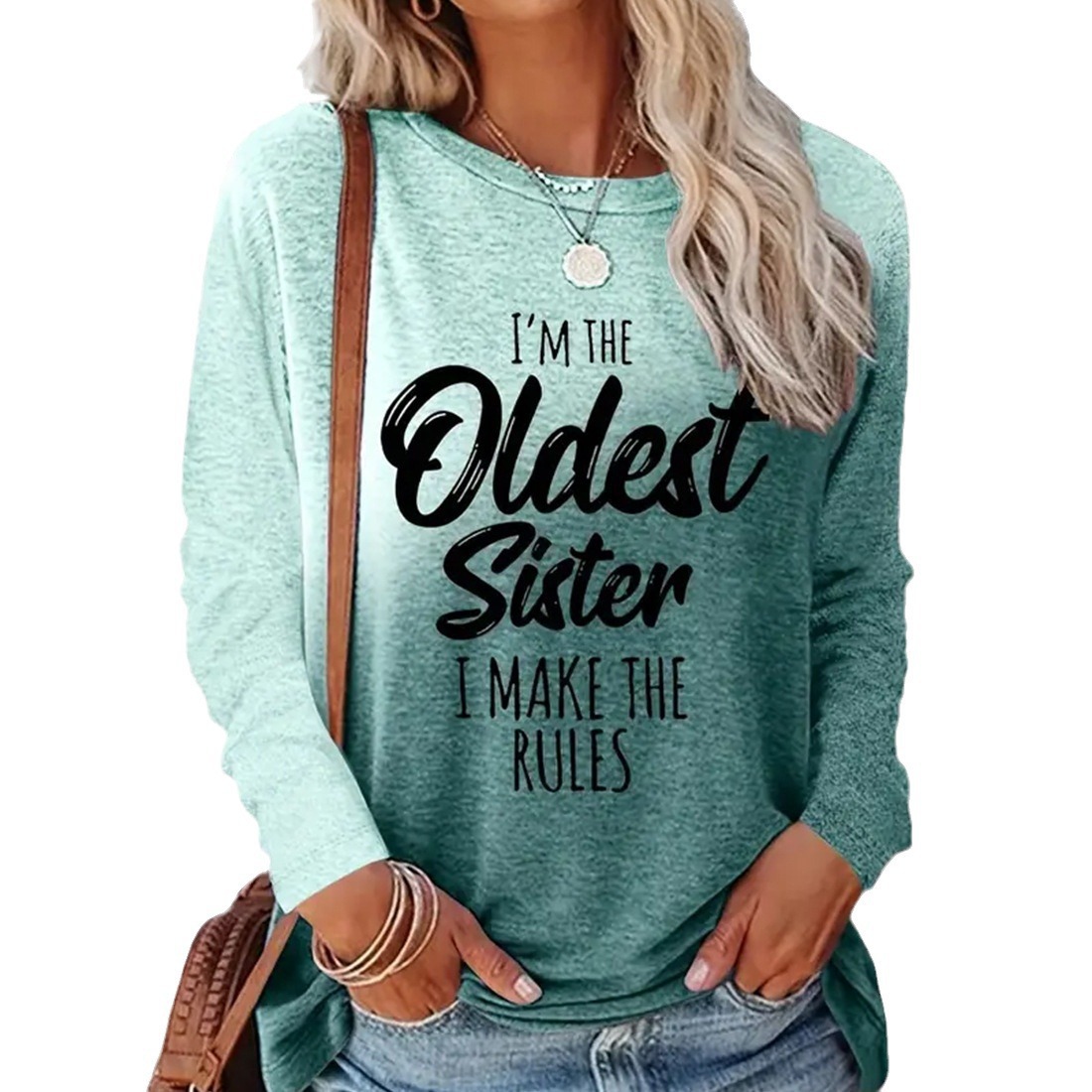 temu's popular cross-border women's long-sleeved T-shirt with letter print, gradient color, round neck, loose and casual style.
