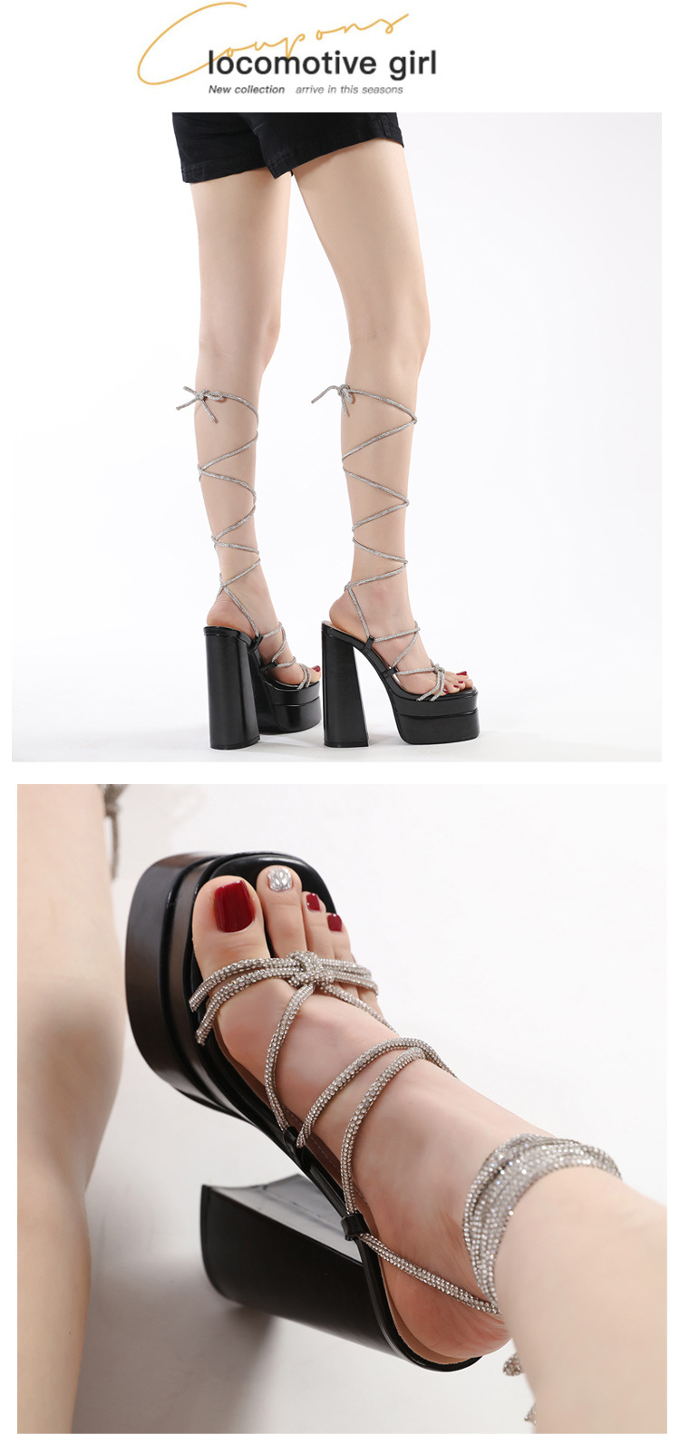 Dép sandal cao gót La Mã đính đá Rhinestone, quai dây buộc cỡ lớn — Màu đen chi tiết 14