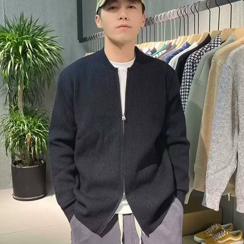 新款开衫毛衣男韩版潮流帅气针织衫简约纯色双拉链休闲男外套灰色