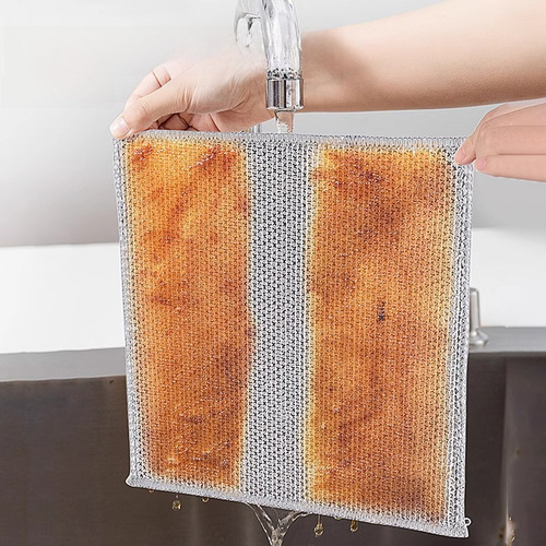 Double-sided steel wire dishcloth, silver wire rag instead of steel wire ball, kitchen non-stick oil dish towel, metal wire scouring pad
