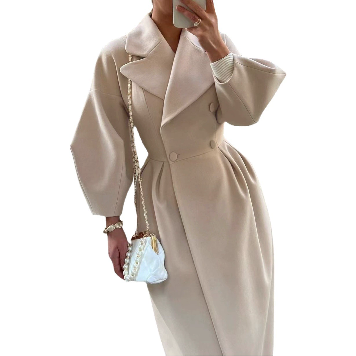 Трансграничное Европейское и американское осенне-зимнее новое шерстяное пальто в стиле ретро с рукавом-фонариком и большими лацканами, длинное пальто