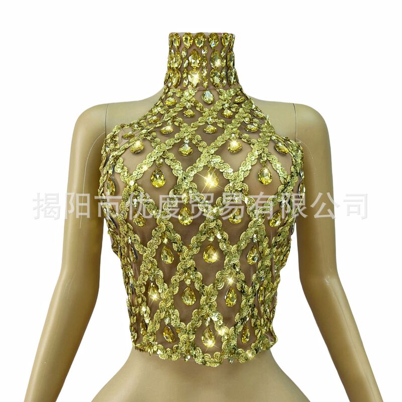 High-End Golden Dj Nightclub Sexy Off-Shoulder Backless See-Through Mesh European and American Birthday Singer Performance Barbecue Grill Top
