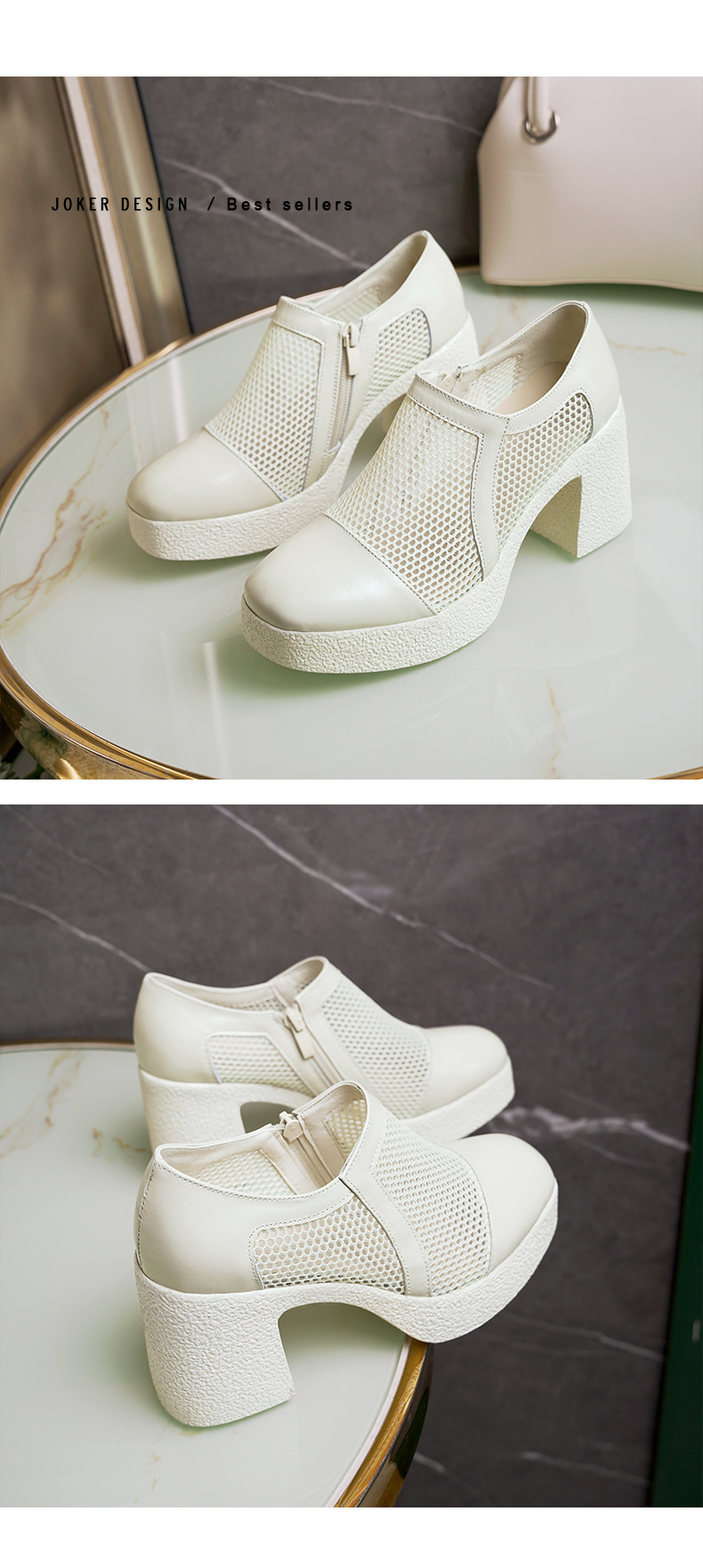 Giày sandal cao gót nữ da lưới mũi kín gót dày đế dày — đen chi tiết 12