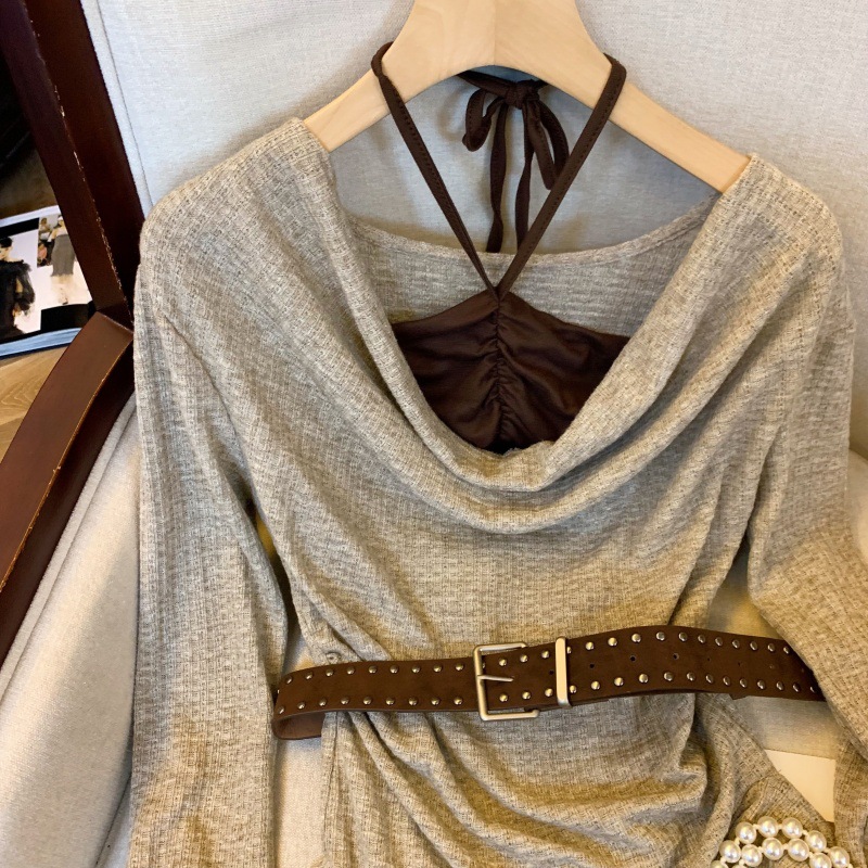 Conjunto de Colete Feminino Outono com Decote Halter em Tricô, Design Exquisito, Cor Sólida, Modelagem Solta e Cinto._voghion.com