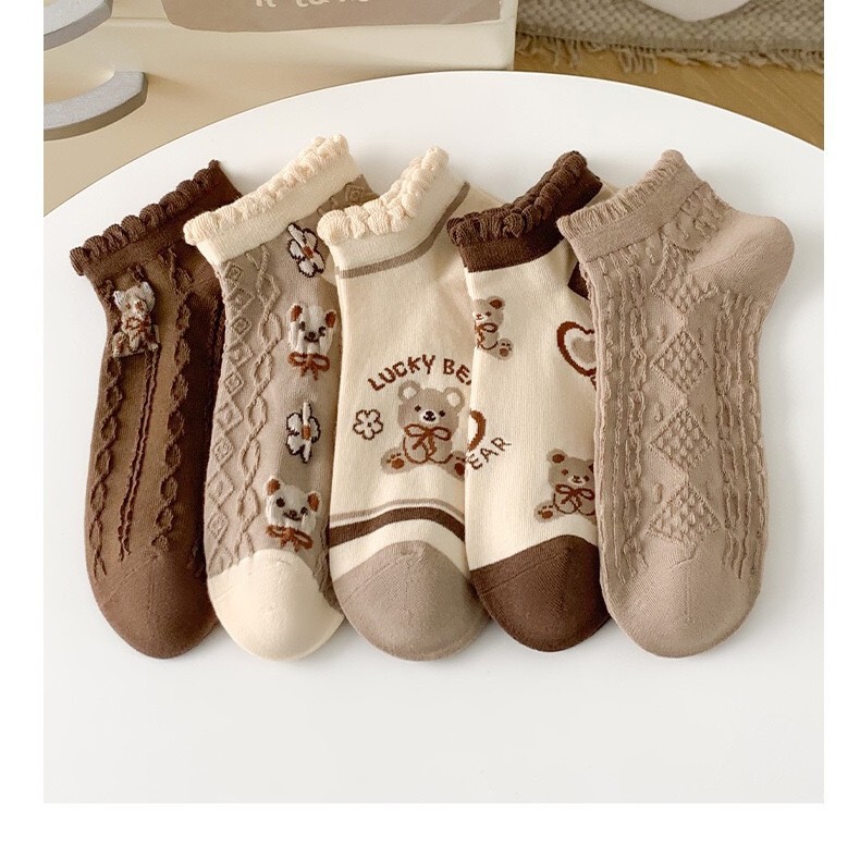 Summer New Style Coffee-Colored Cute Bear Socks for Women, Shallow Short Socks, Thin Cute Japanese Sweet Lace Boat Socks Summer New Style Coffee-Colored Cute Bear Socks for Women, Shallow Short Socks, Thin Cute Japanese Sweet Lace Boat Socks