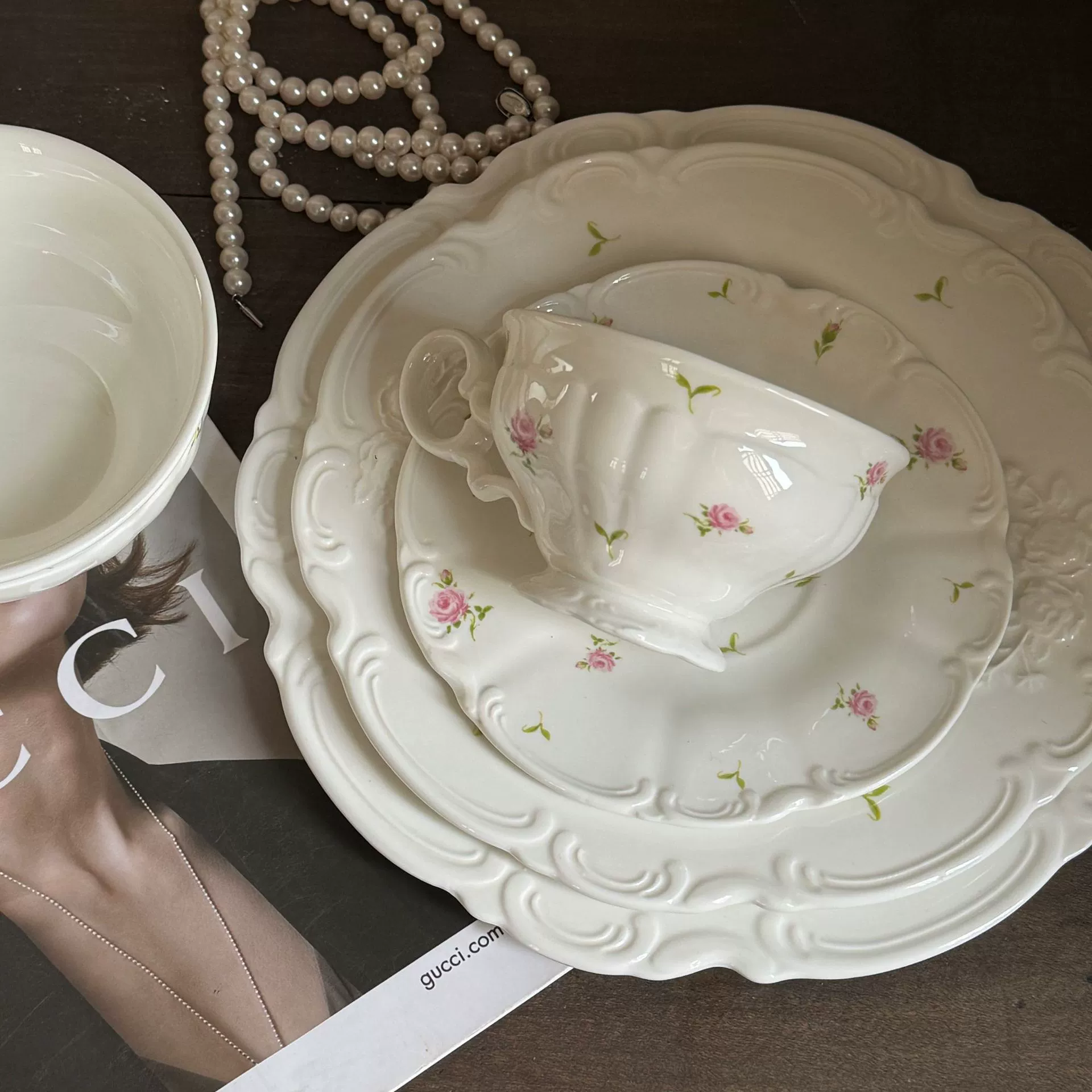 Французское ретро кружево розовая роза рельефная керамическая тарелка