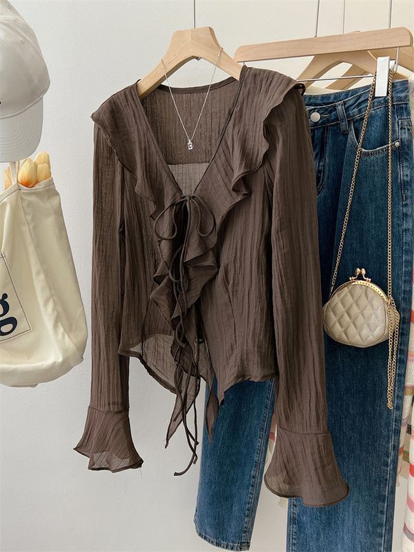 Designed Ruffled Trumpet Long-Sleeved Shirt for Women in Autumn and New Korean Style Loose and Versatile Shirt Cardigan