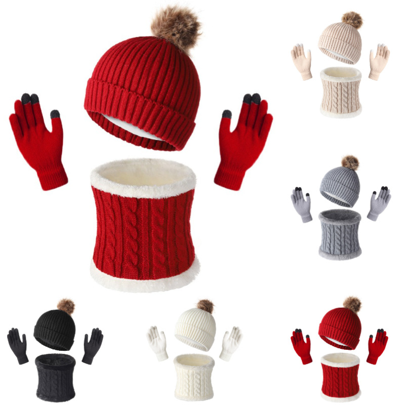 Cross-Border New Style Knitted Hat, Scarf, and Gloves Three-Piece Set for Men and Women, Winter Casual Versatile Warm Knitted Hat