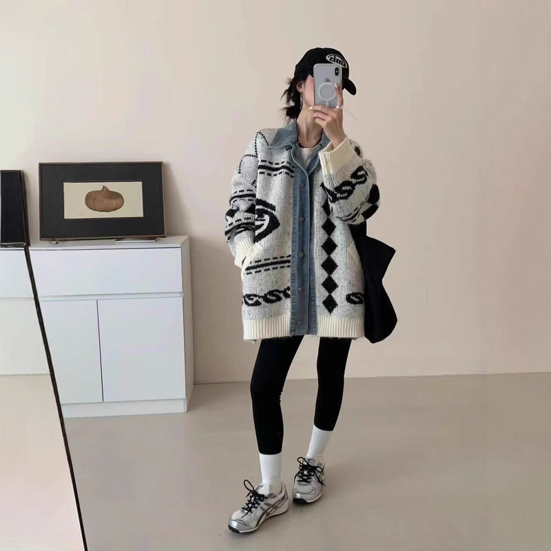Korean Authentic Jacquard Knitted Hooded Cardigan Women's Loose Lazy Outwear Sweater Women's Autumn and Winter 2025 New Lazy Style Korean Authentic Jacquard Knitted Hooded Cardigan Women's Loose Lazy Outwear Sweater Women's Autumn and Winter 2025 New Lazy Style
