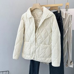 新款翻领菱格棉衣女短外套棉服休闲时尚米白色黑色卡其包邮批发