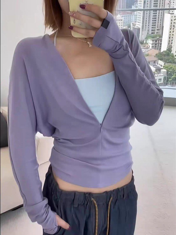 新款百搭休闲天丝羊毛显瘦V领隐拉蝙蝠袖针织上衣长袖女式T恤5327|undefined