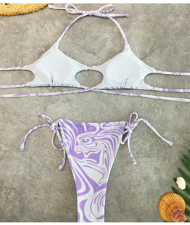 conjunto de dos piezas de bikini a rayas de cintura alta con cordones y cuello colgante NSLRS133578