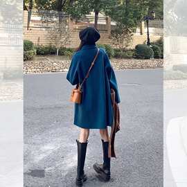 蓝色翻领双排扣毛呢外套女春秋季气质休闲显瘦减龄中长款呢子大衣