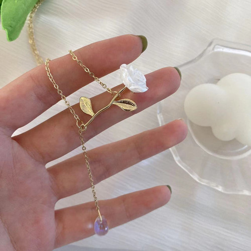 New internet celebrity rose gold necklace glass water drop pendant clavicle chain fashion bead flower neck necklace accessories