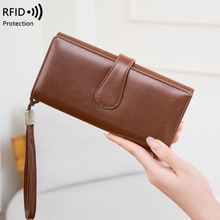 新款RFID防盗刷女式长款钱包 高品质皮革三折长款多功能复古手拿