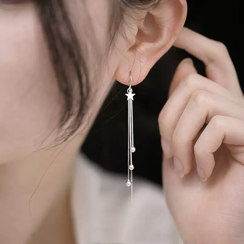 星星圆珠流苏耳线女ins韩版设计感优雅气质五角星小豆豆长款耳环