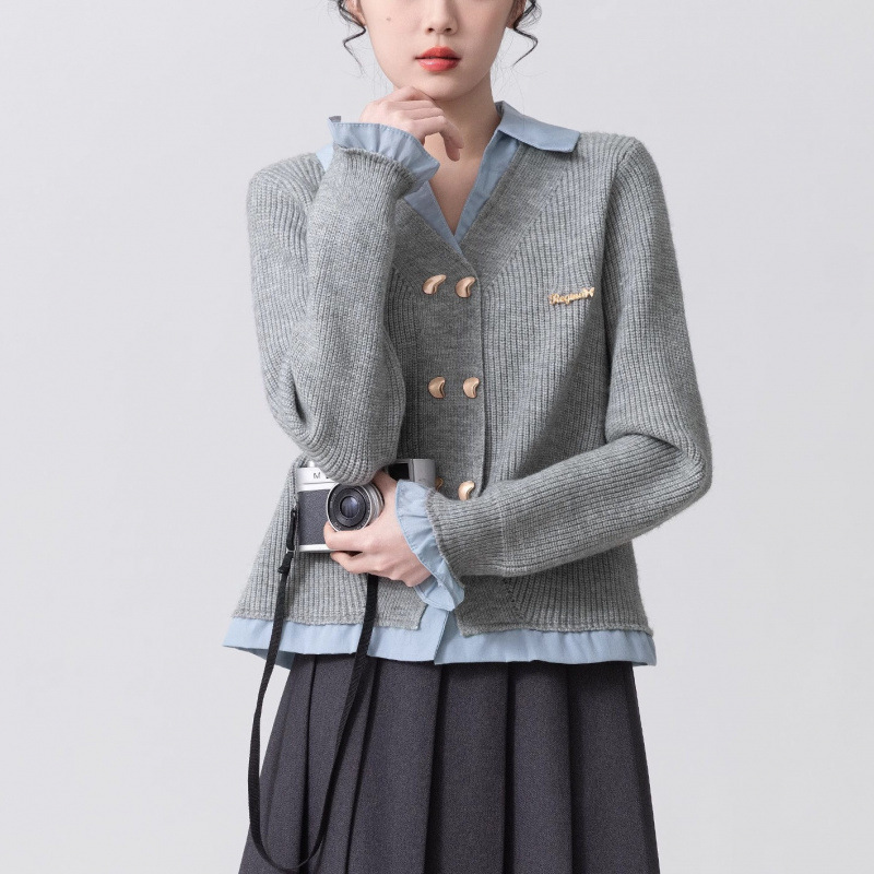 假两件POLO领毛衣女春秋2025新款学院风拼接针织开衫外套短款上衣|undefined
