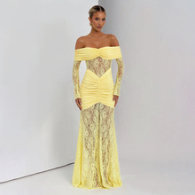 D25DS272外贸欧美女装气质蕾丝拼接一字肩开衩长袖缩褶长裙连衣裙