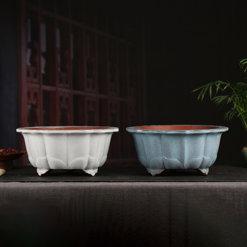 张治诚紫砂釉水花盆批发云脚手工莲花黑松仙客来吊钟海棠盆景YZ50