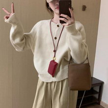 韩版设计感纯色简约圆领针织开衫女秋冬慵懒风宽松软糯毛衣外套女