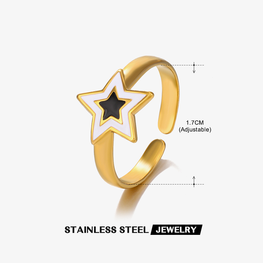 304 Stainless Steel 18K Gold Plated Retro Novelty Enamel Round Star Heart Shape Resin Rings display picture 3