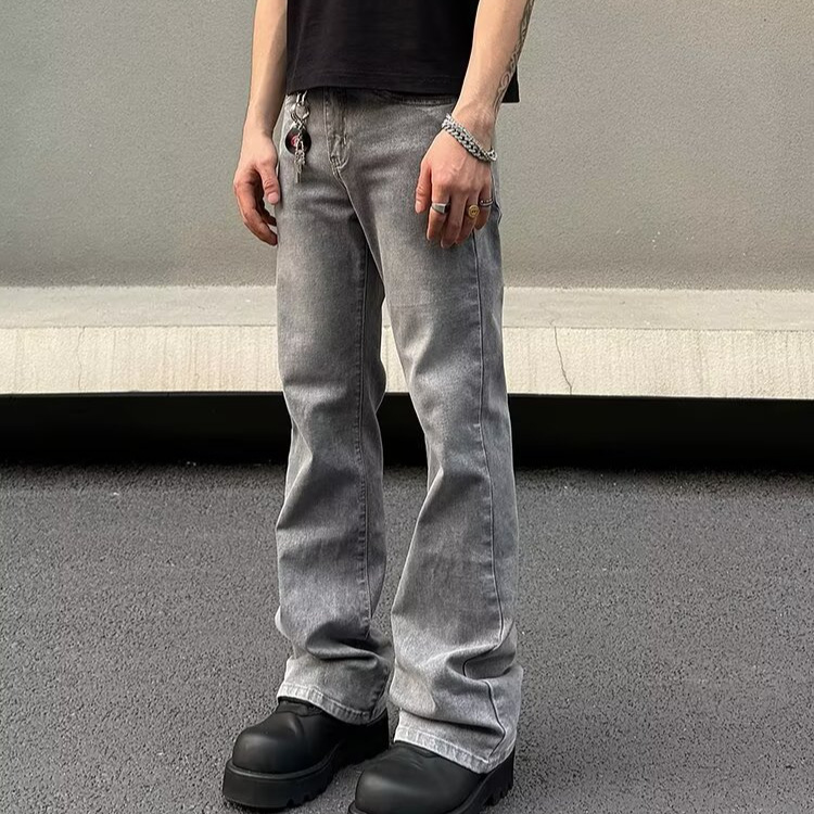 Men's Gray American Streetwear Vintage Wash Flared Jeans, Relaxed Fit Bootcut Denim Pants With Distressed Details For Urban Fashion_mkmklike.com