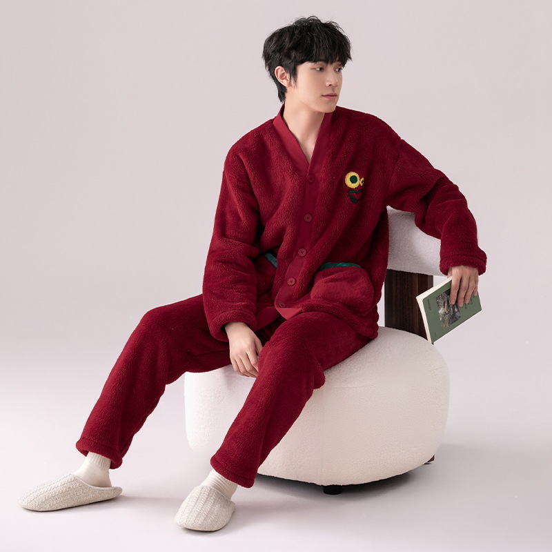 Pijamas de los hombres de invierno Nueva franela engrosada cálido traje de lana de coral de invierno con cuello en V cardigan de lana forrada homewear