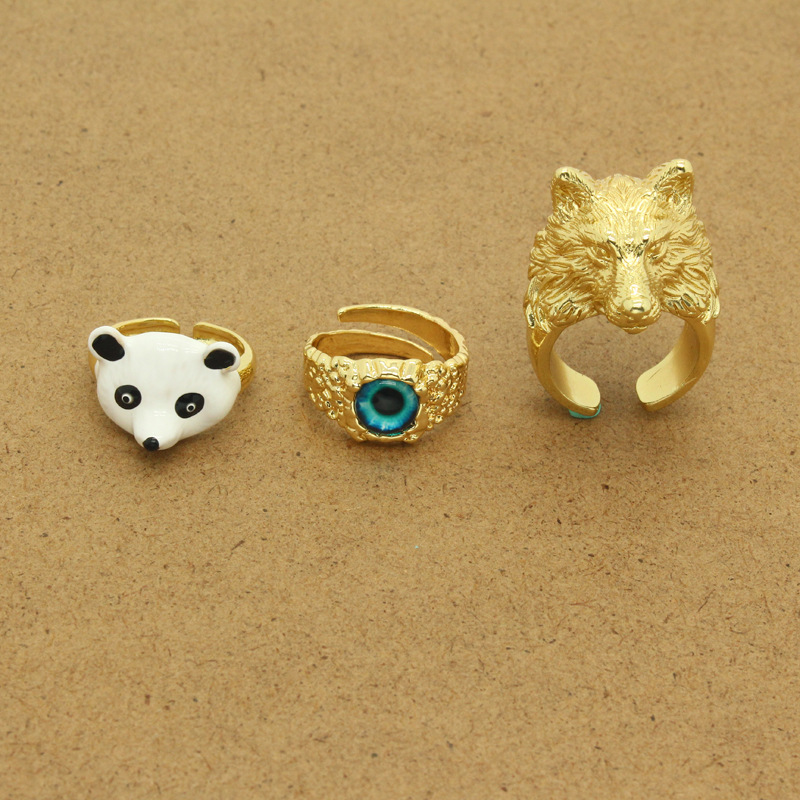 European Punk Three-dimensional Wolf Head Panda Metal Retro Blue Devil's Eye Ring display picture 1