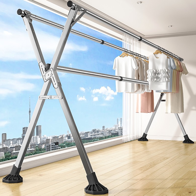 X-Shaped Foldable Clothes Drying Rack, Windproof, Large Base, Floor-Standing, Indoor, Household, Balcony, Outdoor, Wardrobe, Retractable Rod for Drying Quilts