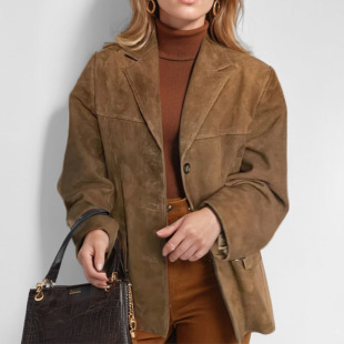 2025 Spring New European and American Clothing Temperament Retro Style Brown Loose Pocket Suede Long Sleeve Suit Jacket for Women