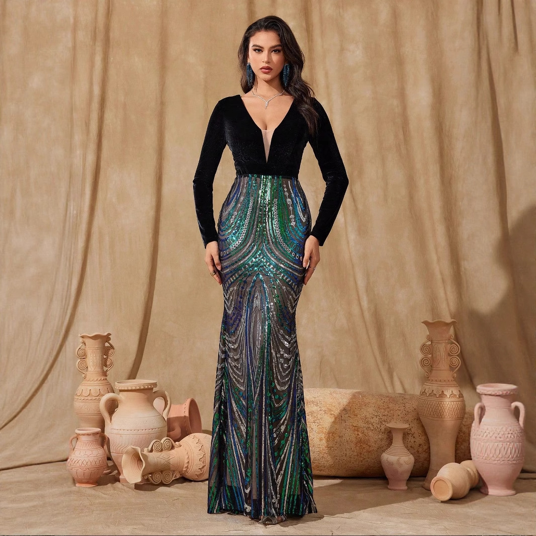 Cross-Border Women's Evening Dress, Slim Fit, 2025 Deep V-Neck, Backless, Waist-Cinching, Sequined Long-Sleeve Gown, Embellished with Light Luxury Details