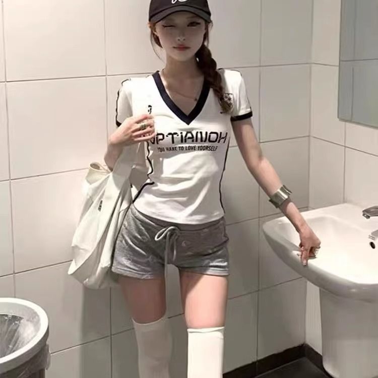 Slim Fit Women's Jersey T-Shirt V-Neck Short Sleeve Summer Top Hot Girl Sports Short New Waist Cinching_ecoleips.com