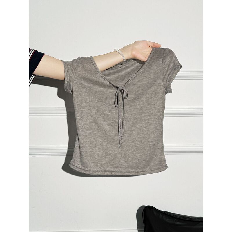 Stylish Thin Lace-Up U-Neck Short-Sleeve T-Shirt for Women, Summer New Style, Waist-Cinching, Slimming Tencel Lyocell Top